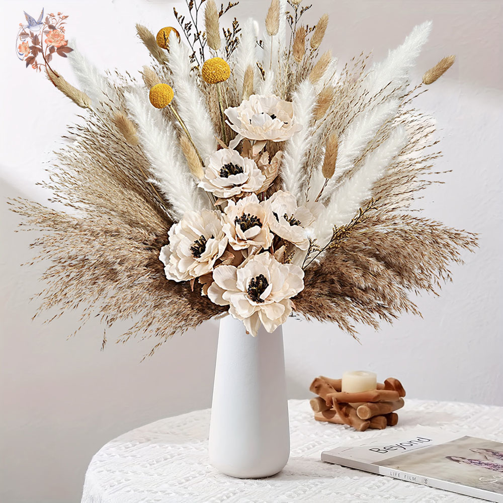 Dried Flower Bunch - 55 ชิ้นประดิษฐ์ดอกไม้ช่อดอกไม้ปุย Pampas หญ้าผสมปลอม Peony Modern