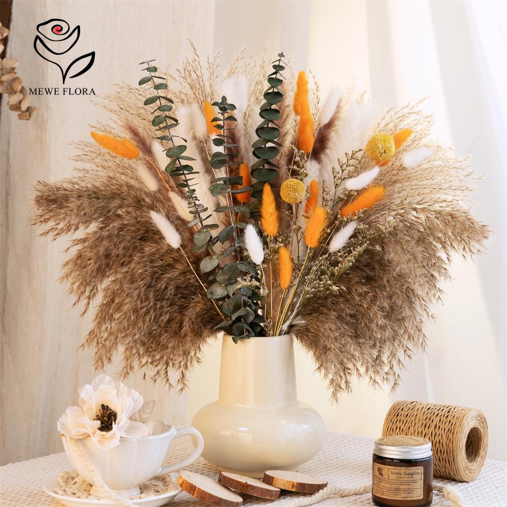 Dried Flower Bunch - 65 ชิ้นสีส้ม Pampas Grass ช่อดอกไม้ฤดูใบไม้ร่วงดอกไม้ Bunch